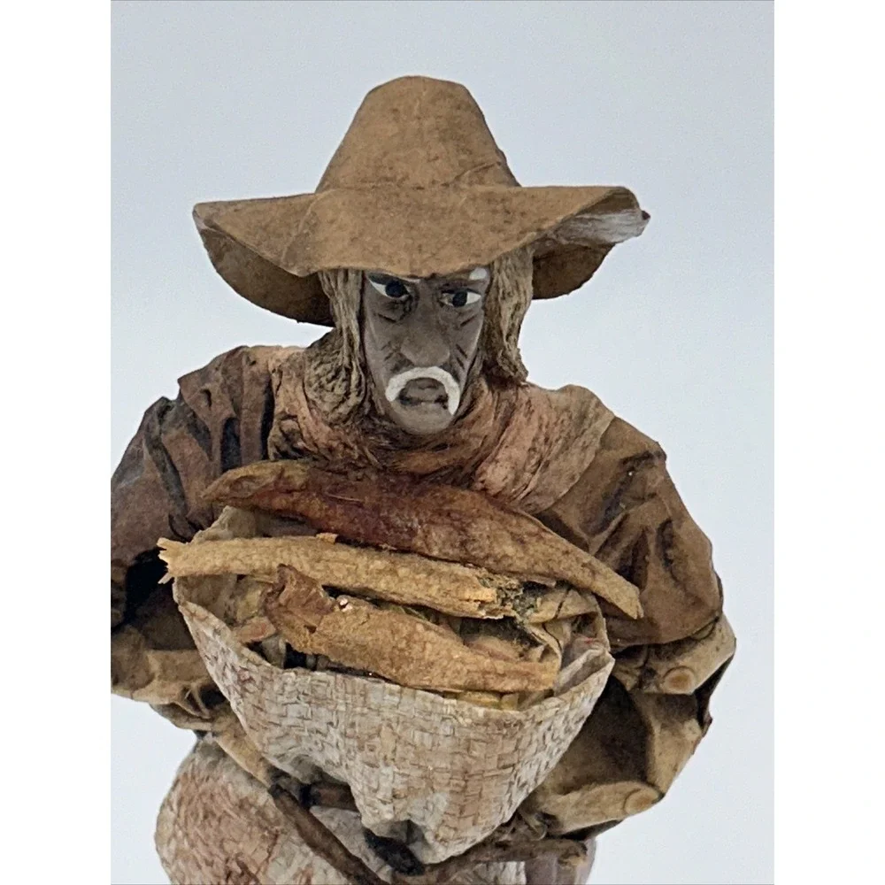 Vintage Authentic Mexican Paper‎ Mache Man Folk Art Figurine With Bag Of Fish